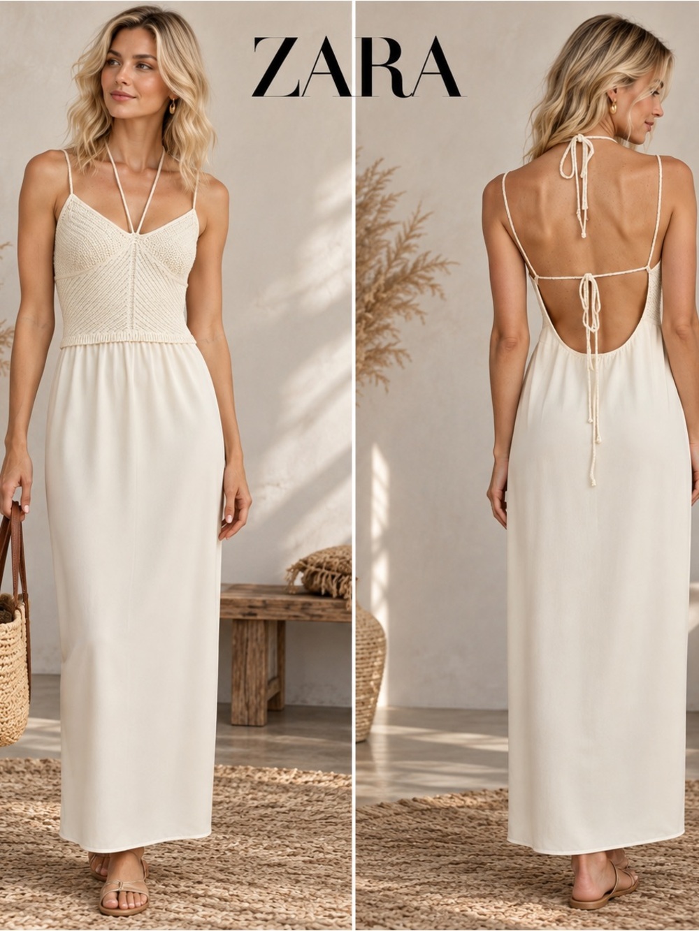 🌸ZARA Cream Crochet-Top Midi Dress size L Bohemian Resort Summer Boho Brunch